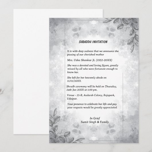 Invitation Chaussure Sandesh Hindu Shraddh (Devant / Derrière)