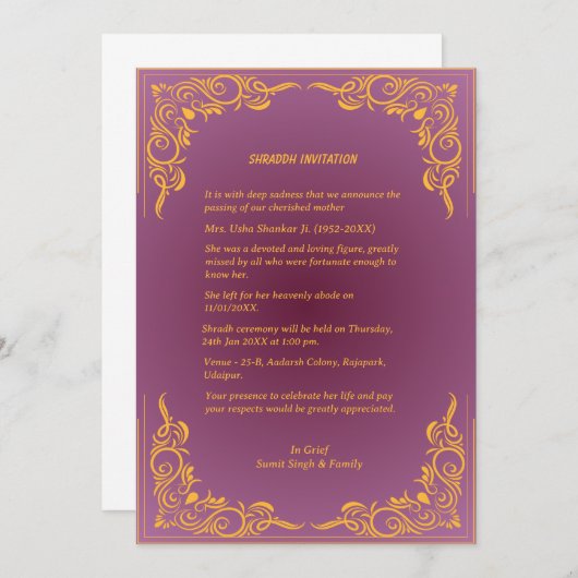 Invitation Chaussure Sandesh Hindu Shraddh (Devant / Derrière)