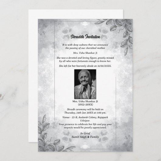 Invitation Chaussure Sandesh Hindu Shraddh (Devant / Derrière)