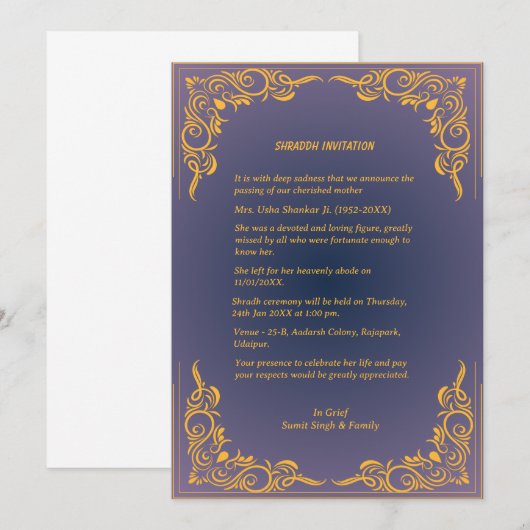 Invitation Chaussure Sandesh Hindu Shraddh (Devant / Derrière)