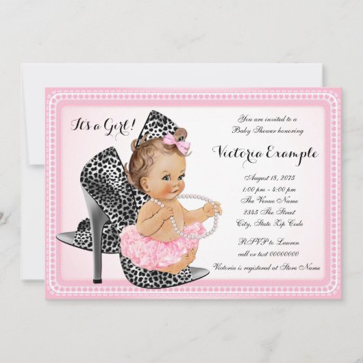 Invitation Chaussure Tutu Baby shower perle rose haut talon (Devant)