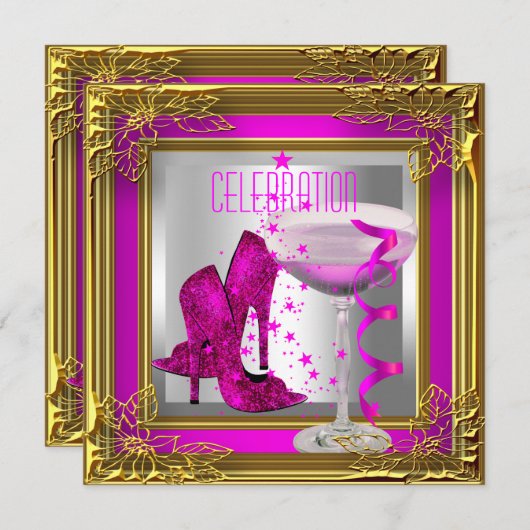 Invitation Chaussures à talon d'or rose chaud Champagne (Devant / Derrière)