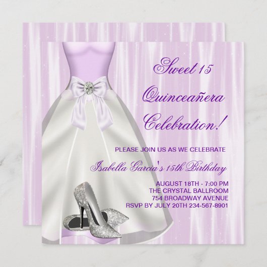 Invitation Chaussures à talon élevé à bille violet Quinceaner (Devant / Derrière)