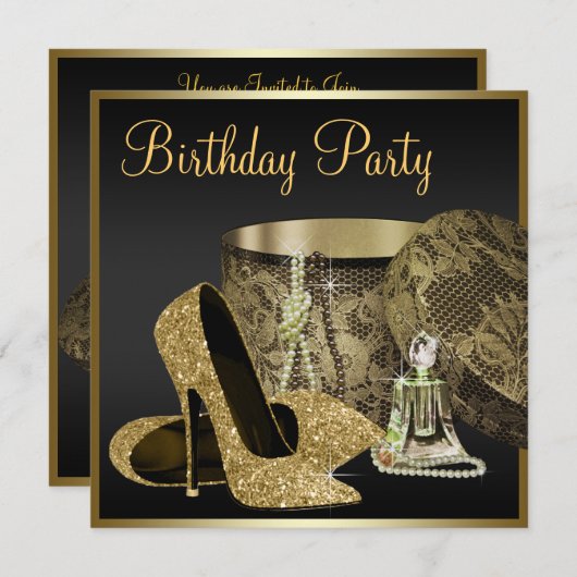 Invitation Chaussures à talon élevé femmes Noir et or Anniver (Devant / Derrière)