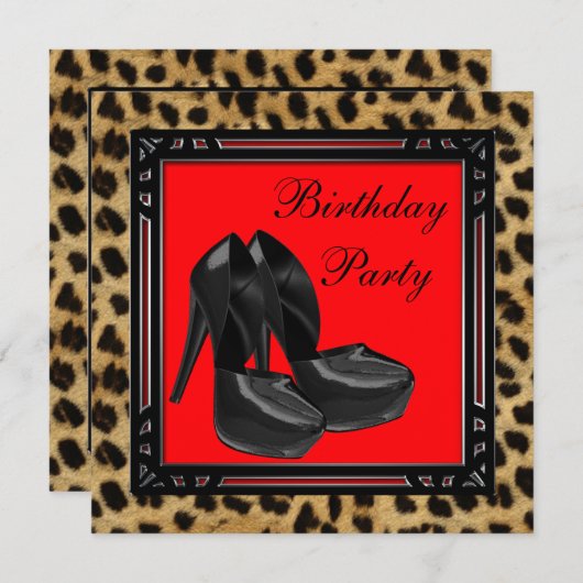 Invitation Chaussures à talon noir Léopard rouge fête d'anniv (Devant / Derrière)