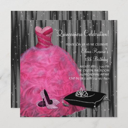 Invitation Chaussures à talon rose vif Chaussures à Quinceane (Devant / Derrière)