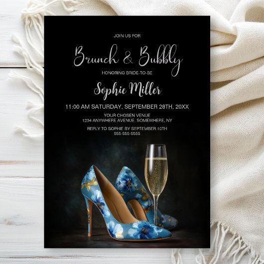Invitation Chaussures à talons à fleurs bleues, brunch et cha