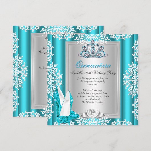 Invitation Chaussures à talons bleu sarcelle pour fête des 15 (Devant / Derrière)
