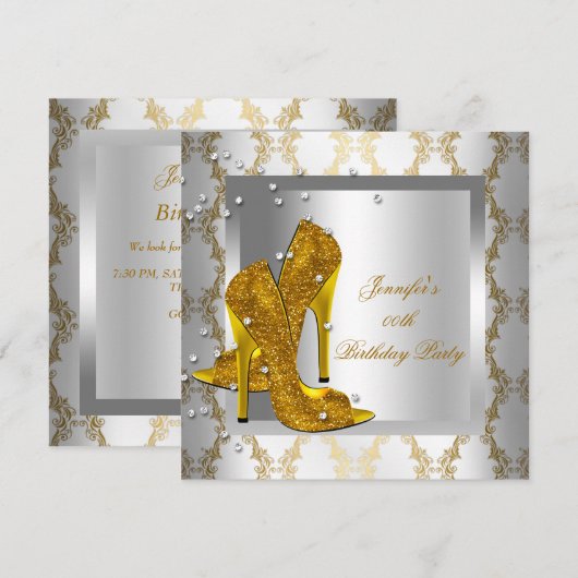 Invitation Chaussures à Talons Hauts Argent Or Fête d'Anniver (Devant / Derrière)