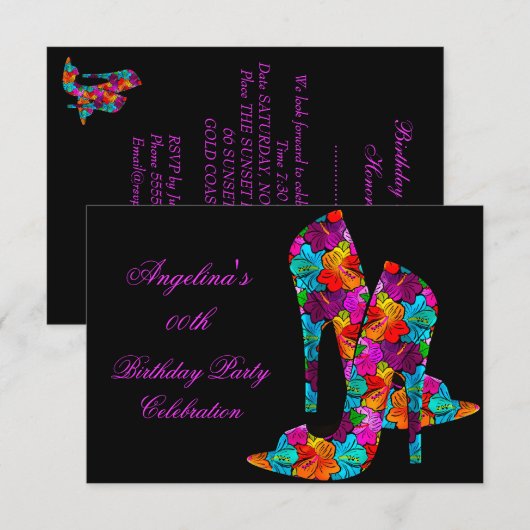 Invitation Chaussures à talons hauts FUN pour fête d'annivers (Devant / Derrière)