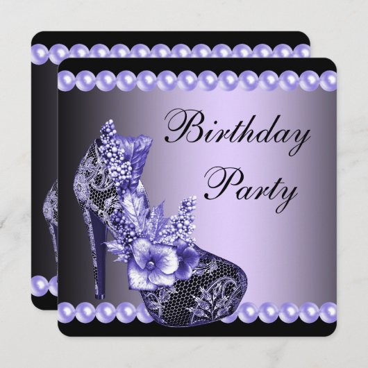 Invitation Chaussures à talons hauts noir violet Fête d'anniv (Devant / Derrière)