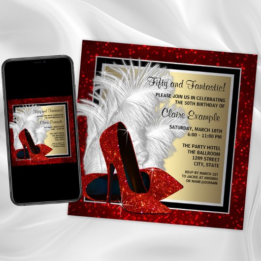 Invitation Chaussures à talons hauts noires, rouges et dorées