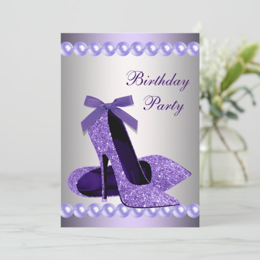 Invitation Chaussures à talons hauts perles violettes scintil (Debout devant)