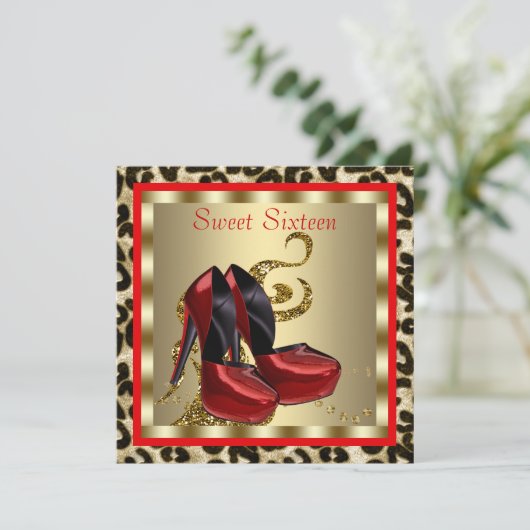 Invitation Chaussures à talons hauts rouges à imprimé léopard (Debout devant)
