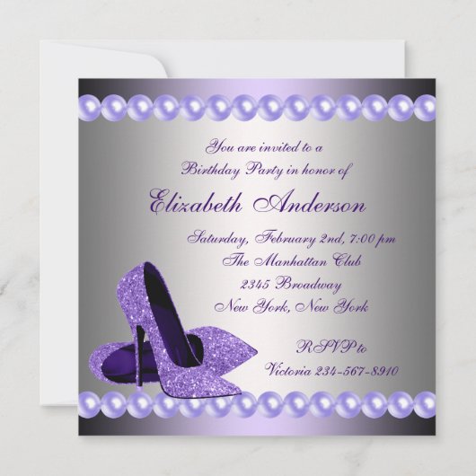 Invitation Chaussures à talons hauts violettes Fête d'anniver (Dos)