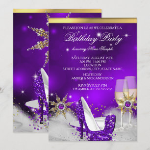 Invitation Chaussures à talons hauts violettes pailletées or 