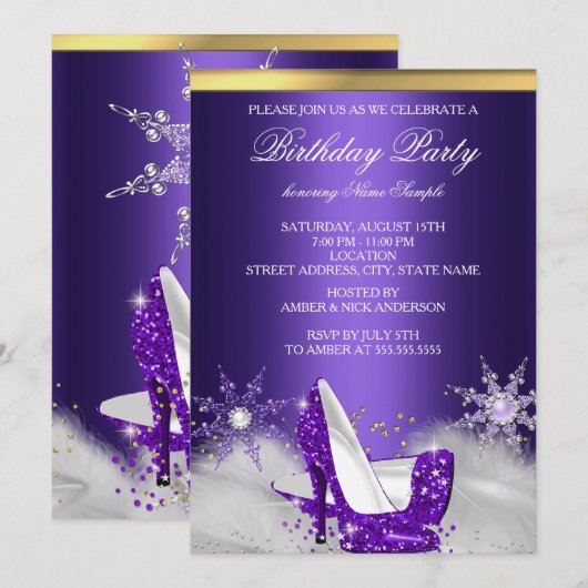Invitation Chaussures à talons hauts violettes pour fête d'an (Devant / Derrière)