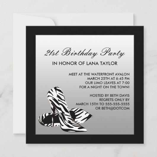 Invitation Chaussures à talons hauts Zebra pour 21e anniversa (Devant)