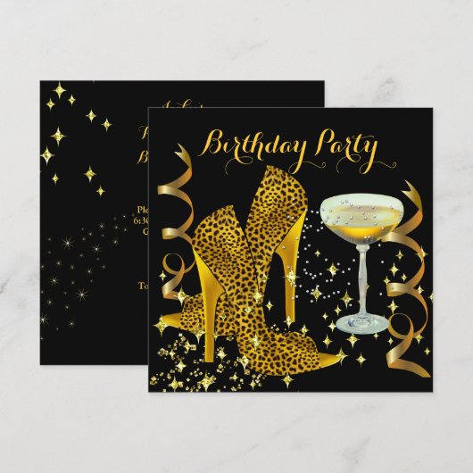 Invitation Chaussures à talons léopard doré pour fête d'anniv (Devant / Derrière)