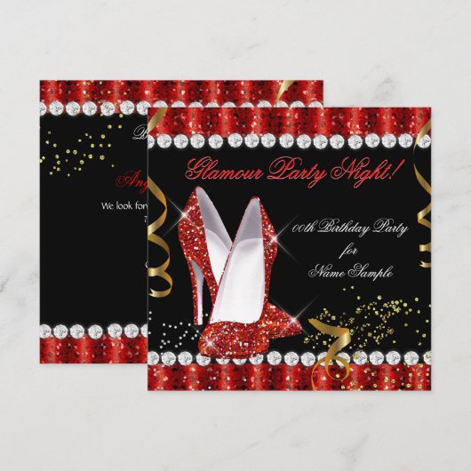 Invitation Chaussures à talons rouges dorés pour soirée glamo (Devant / Derrière)