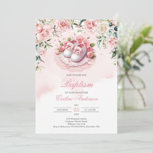 Invitation Chaussures Baptême rose fille babypanons rousse ro (Debout devant)