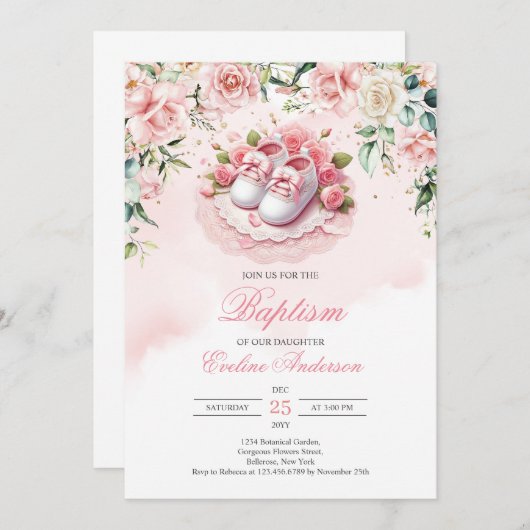 Invitation Chaussures Baptême rose fille babypanons rousse ro (Devant / Derrière)