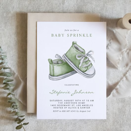 Invitation Chaussures bébé aquarelle verte Baby Sprinkle