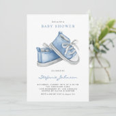Invitation Chaussures bébé bleu aquarelle Code QR Baby Shower (Debout devant)