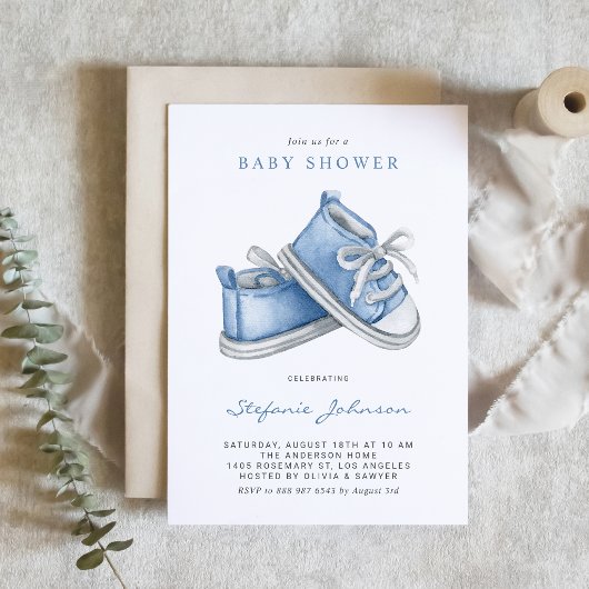 Invitation Chaussures bébé bleu aquarelle Code QR Baby Shower
