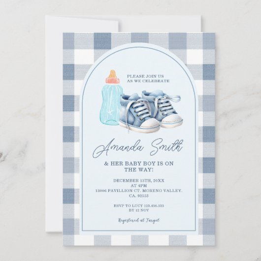 Invitation Chaussures Bébé Bleu En vichy Bouteilles de Lait G (Devant)