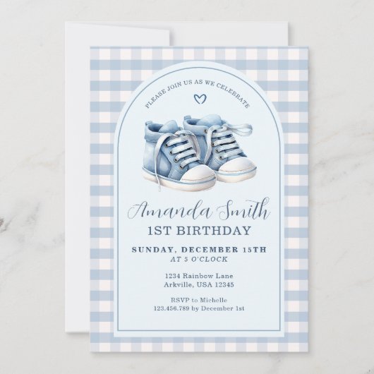 Invitation Chaussures Bébé Bleu Garçon Plaid Arc Premier anni (Devant)