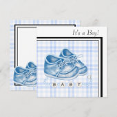 Invitation Chaussures Bébé Gingham Bleu Fête de Naissance Gar (Devant / Derrière)