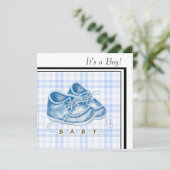 Invitation Chaussures Bébé Gingham Bleu Fête de Naissance Gar (Debout devant)