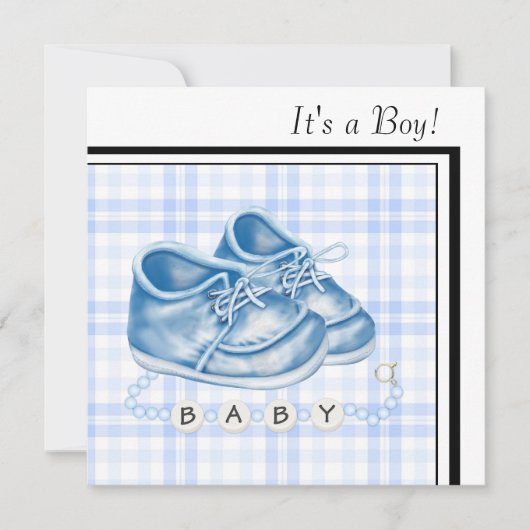 Invitation Chaussures Bébé Gingham Bleu Fête de Naissance Gar (Devant)
