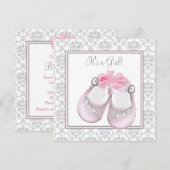 Invitation Chaussures bébé gris rose Fête bébé fille rose et  (Devant / Derrière)