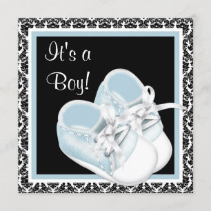 Invitation Chaussures bébé noir et bleu Damas bébé garçon dou