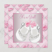 Invitation Chaussures Bébé Rose Blanc Rose Bébé Fille Douche (Devant / Derrière)