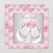 Invitation Chaussures Bébé Rose Blanc Rose Bébé Fille Douche (Devant / Derrière)