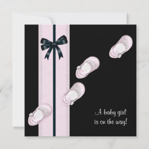 Invitation Chaussures Bébé Rose et Noir Fille Baby Shower