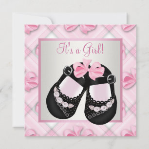 Invitation Chaussures bébé rose et noir pour Baby Shower Fill