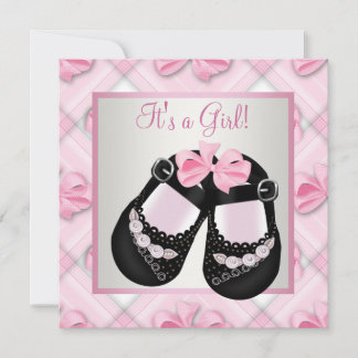 Invitation Chaussures bébé rose et noir pour Baby Shower Fill