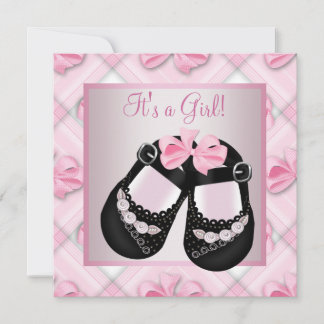 Invitation Chaussures bébé rose et noir pour Baby Shower Fill