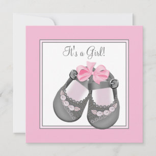 Invitation Chaussures bébé rose gris Fête bébé fille rose gri