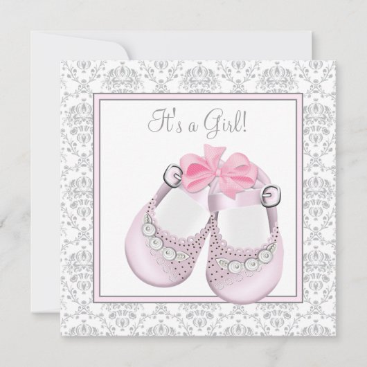 Invitation Chaussures bébé rose gris Fête bébé fille rose gri (Devant)