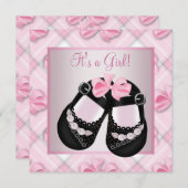 Invitation Chaussures Bébé Rose Noir Rose Bébé Fille Douche (Devant / Derrière)