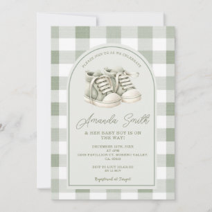 Invitation Chaussures bébé vert sauge Gingham Shower bébé gar