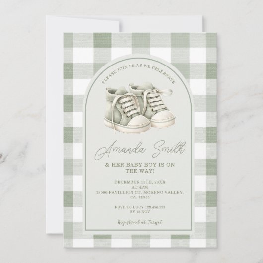 Invitation Chaussures bébé vert sauge Gingham Shower bébé gar (Devant)