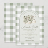 Invitation Chaussures bébé vert sauge Gingham Shower bébé gar (Devant / Derrière)