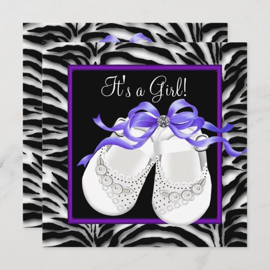 Invitation Chaussures bébé violet Zèbre bébé fille Douche (Devant / Derrière)