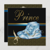 Invitation Chaussures bleues Baby shower Black Gold Prince (Devant / Derrière)